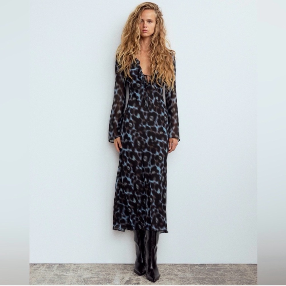 Zara Black and Brown Cowl Neck Ruffled Midi Dress